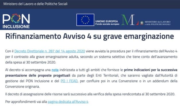 Seconda tranche (50 milioni) PON Inclusione – Avviso 4